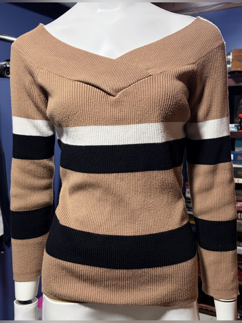 NY & Co Women's Stripe Ribbed Long Sleeve Sweater Camel, Black & White S Small